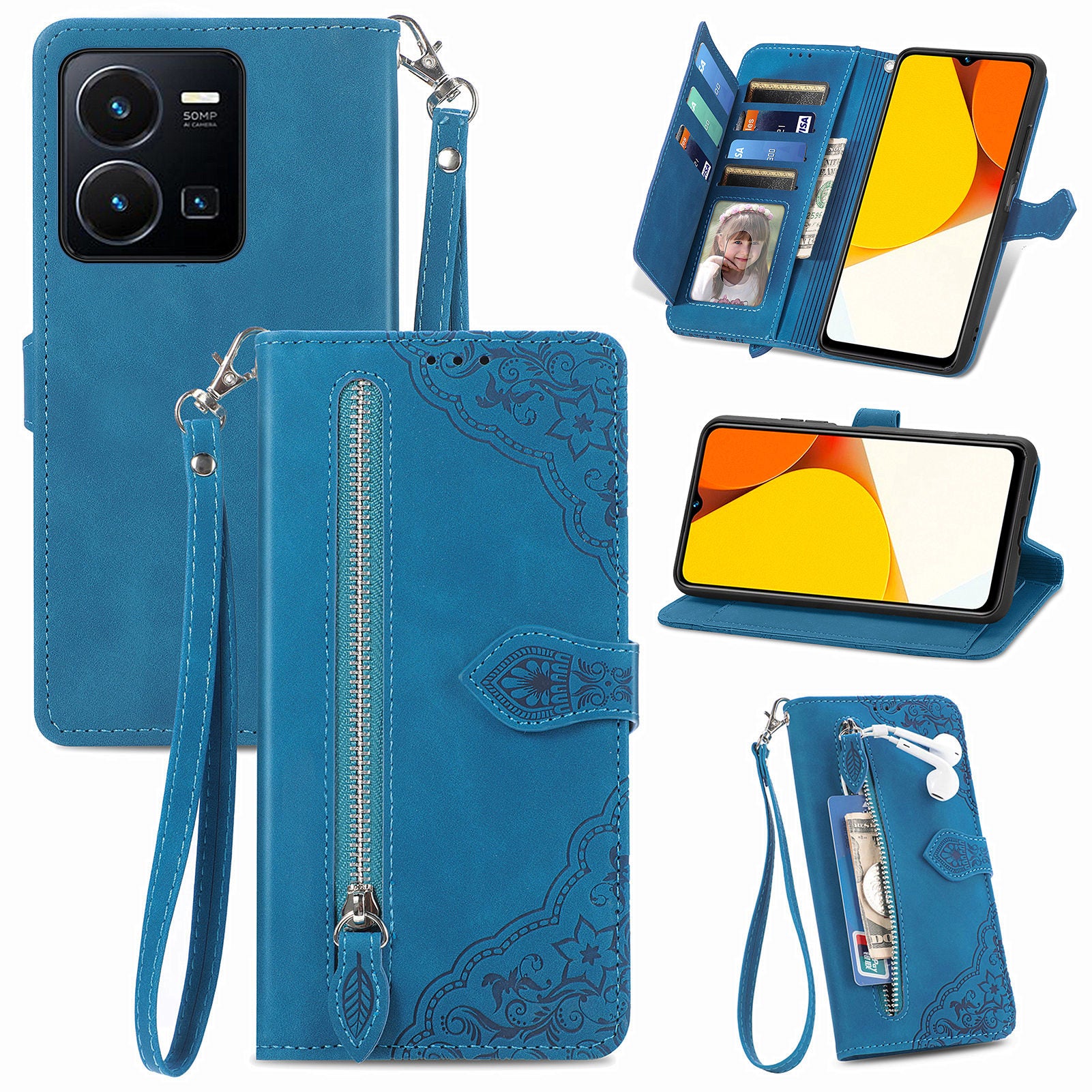 Full Protection Phone Cover For vivo Y35 4G (2022) Flower Imprinted Pattern PU Leather Zipper Pocket Phone Case with Wallet Stand Full Protection Phone Cover For vivo Y35 4G (2022) Flower Imprinted Pattern PU Leather Zipper Pocket Phone Case with Wallet Stand